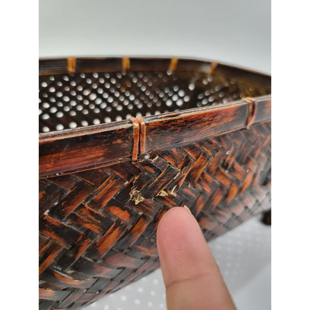 Vintage Woven Bamboo Footed Basket Dark Brown Rectangular Decorative Storage 9x5